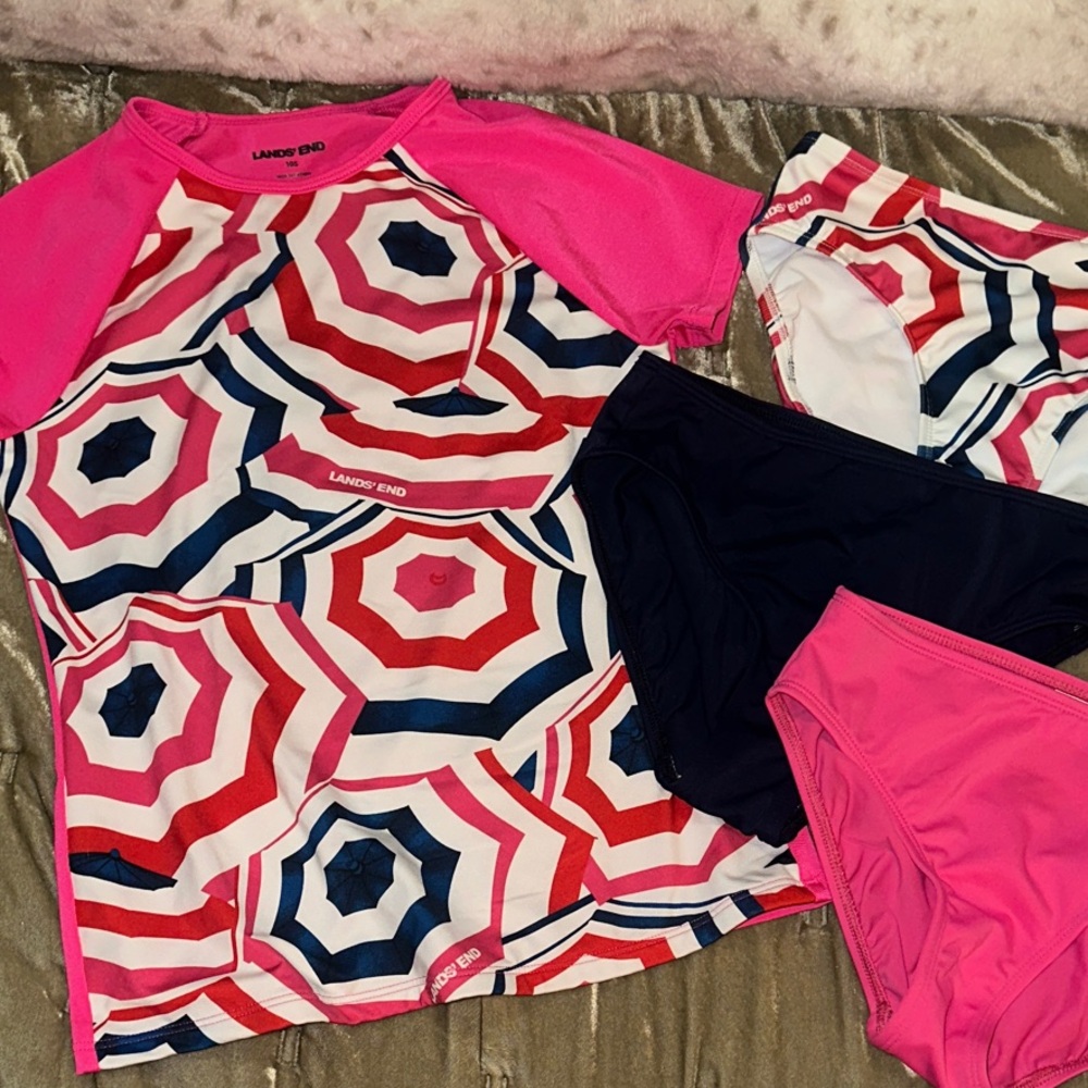 Lands' End Kids Rashguard Set - Pink, Red, and Blue 10 10S 4 piece set EUC
